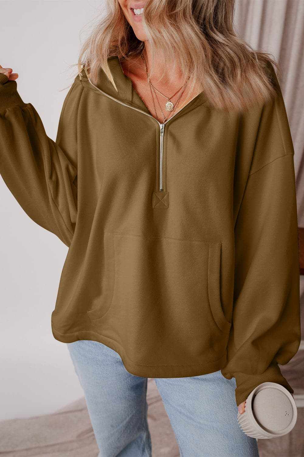 Casual half zip hoodie with pockets - Love Salve